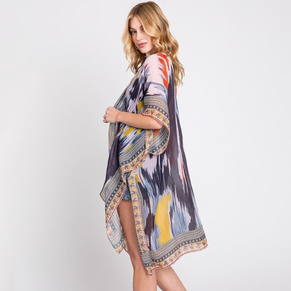DIONA J GEOMETRIC TRIM TIE DYE PRINT KIMONO CARDIGAN ONE SIZE COLOR NAVY - Picture 5 of 7